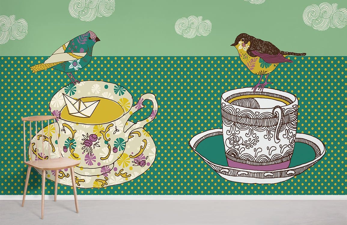 Wallpaper mural for home decoration including teapots and birds.