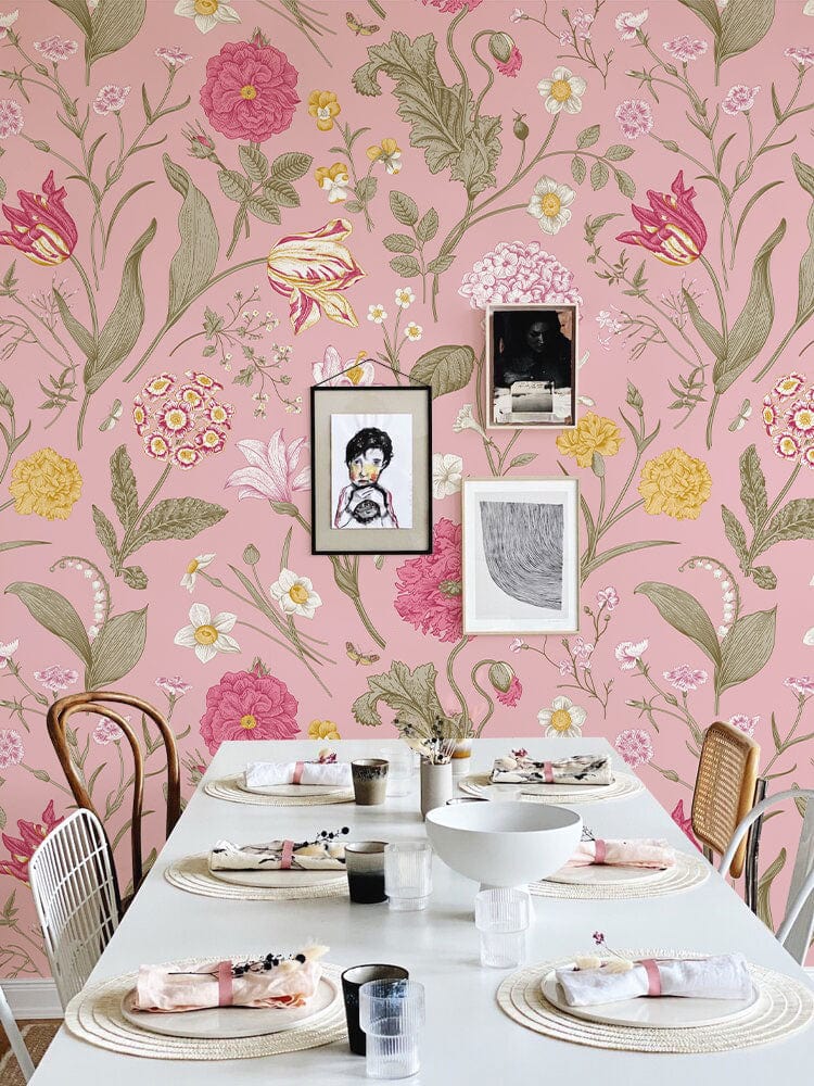 Wallpaper mural featuring delicate pink flowers, perfect for decorating the dining room.