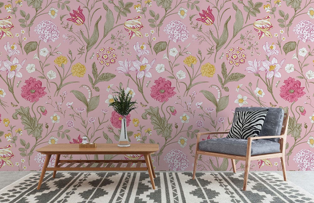 Wallpaper mural featuring soft pink flowers, perfect for use as home decor.