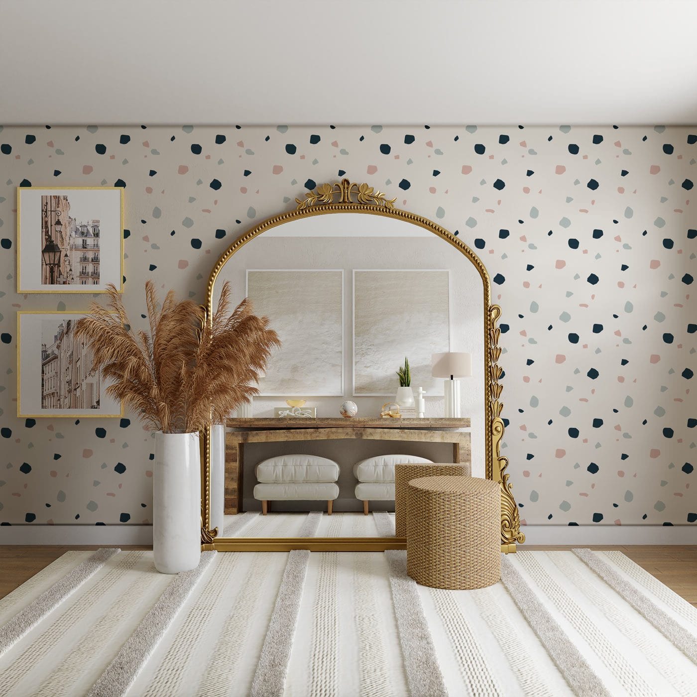 Wallpaper mural with a white terrazzo marble dot pattern for use in decorating the powder room.