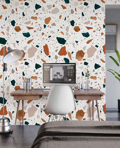 Wallpaper Mural with Terrazzo Chips and Marble Pattern for the Study Room Decor