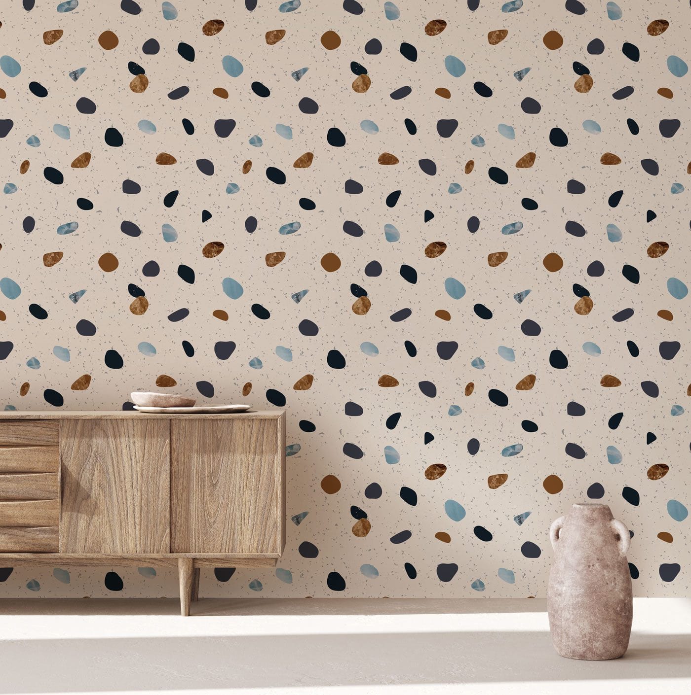 Wallpaper mural with a terrazzo grain and marble design for the hallway.