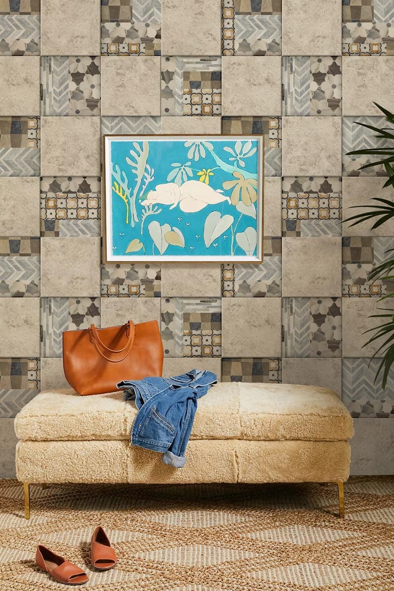 netural color flower pattern tile wallpaper living room