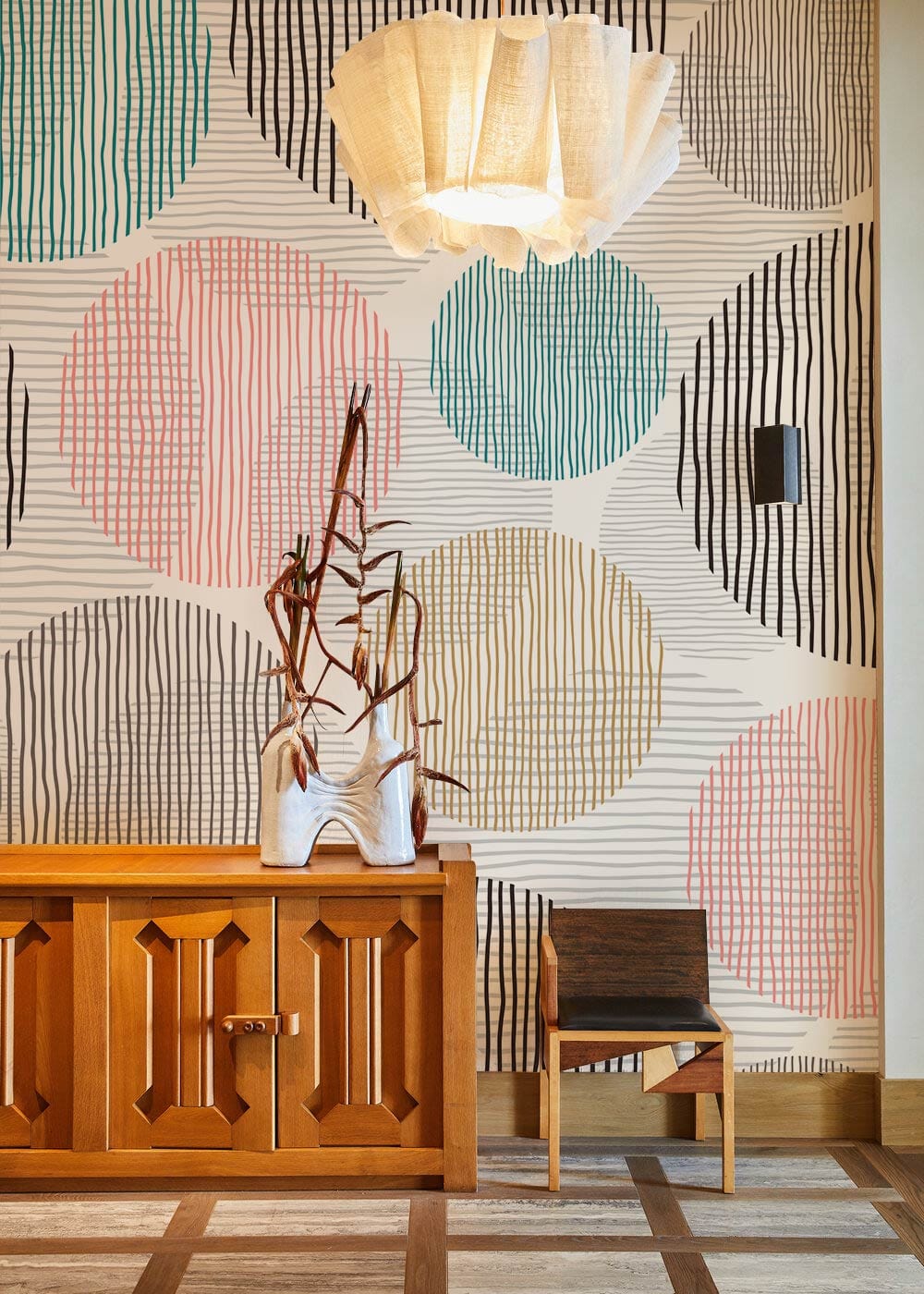 Geometric Abstract Circle Pattern Mural Wallpaper in living room