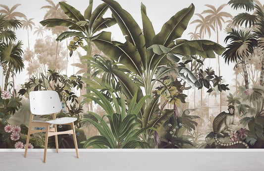Home Decoration Featuring a Wall Mural Depicting a Tropical Forest