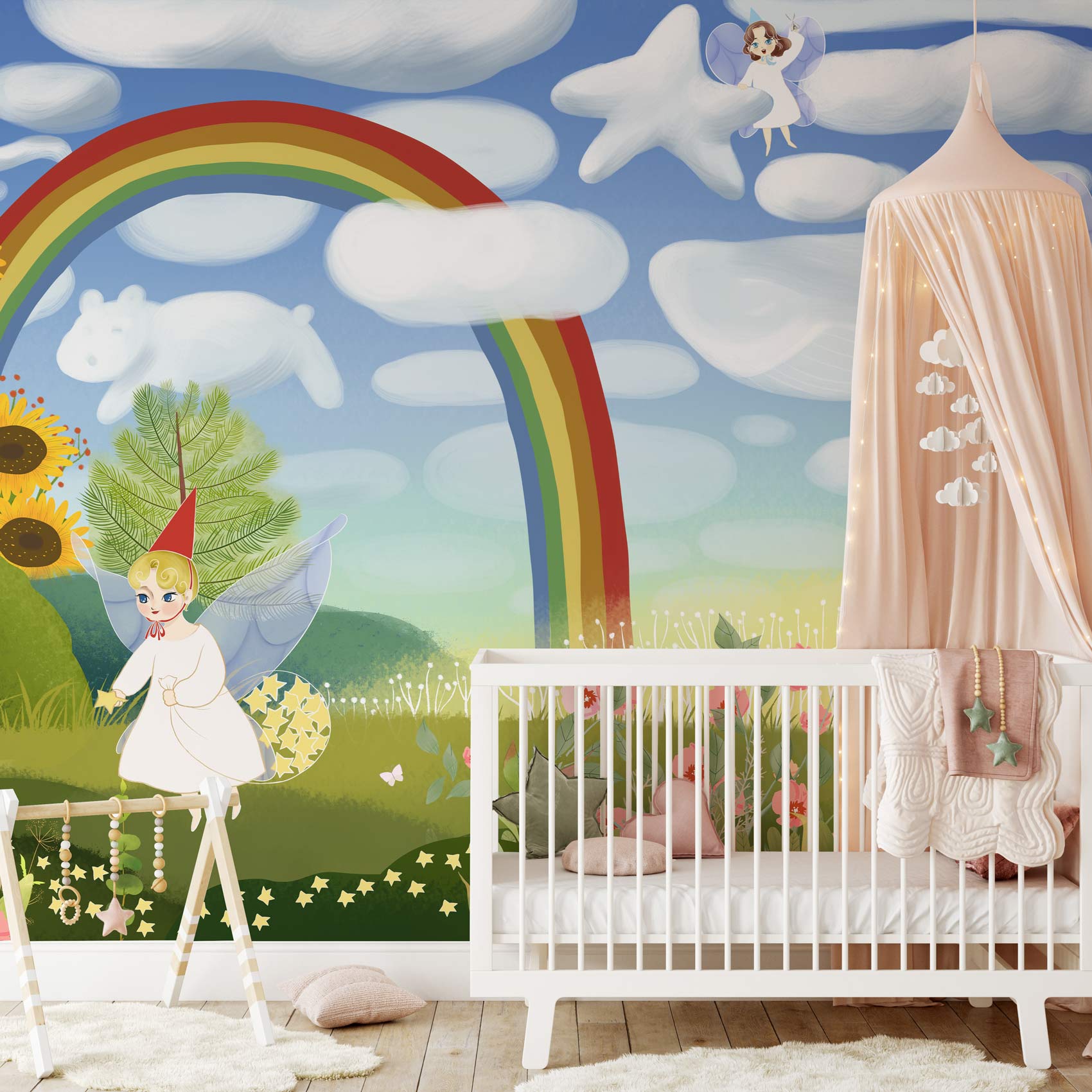 Decorate your nursery with this adorable Elves Gardener Flower Wallpaper Mural.