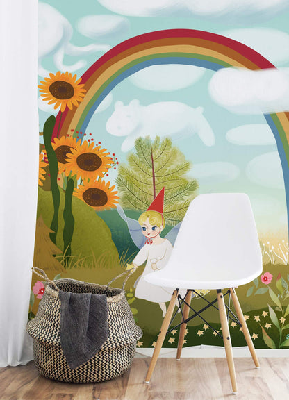 Hallway Decoration Featuring an Elf Gardener on a Flower Wallpaper Mural