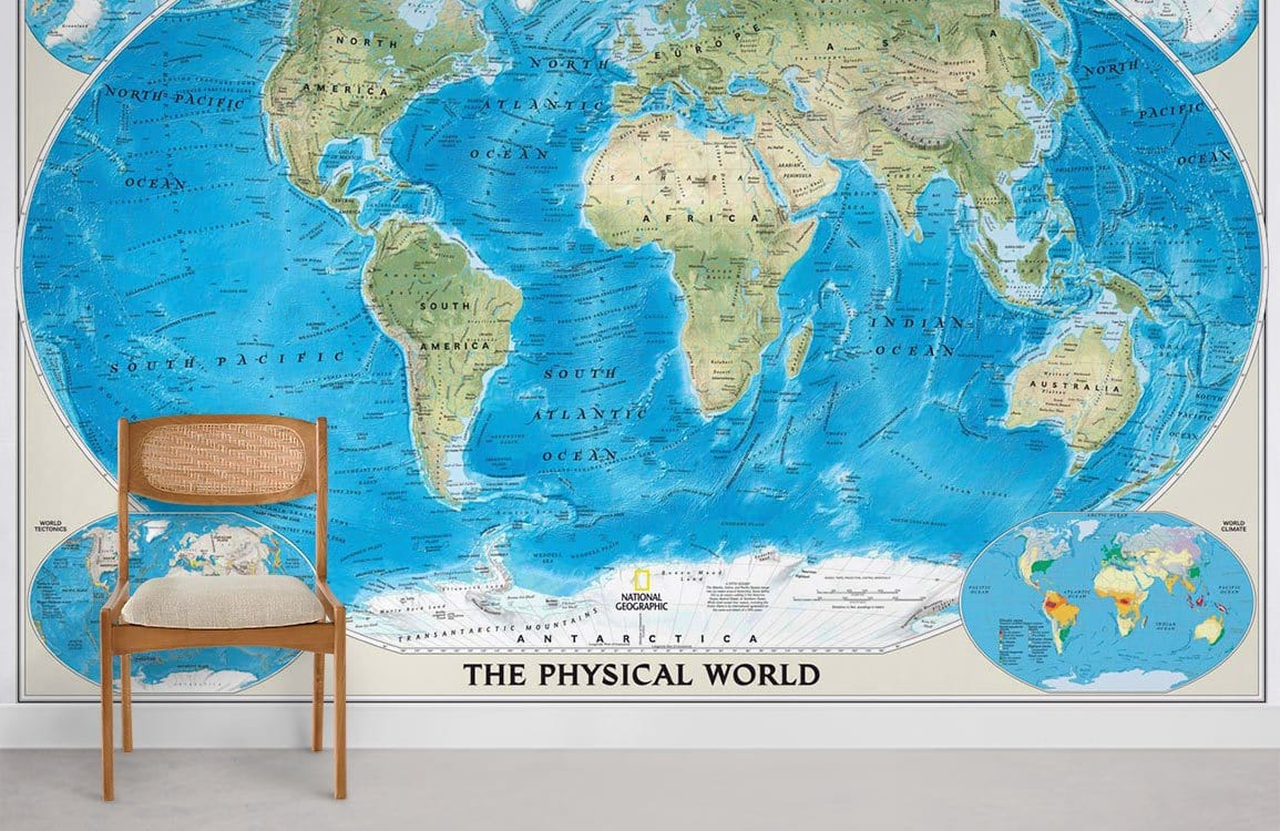 Blue World Map Educational Mural Wallpaper