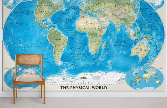 Blue World Map Educational Mural Wallpaper