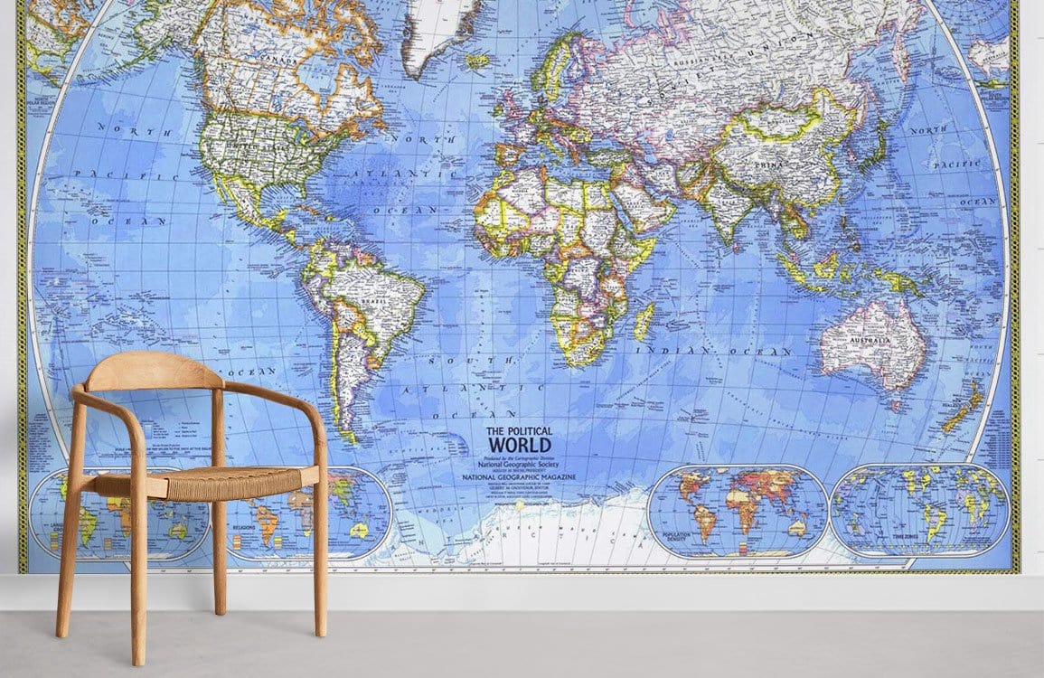 Vintage Ocean Blue World Map Wall Mural