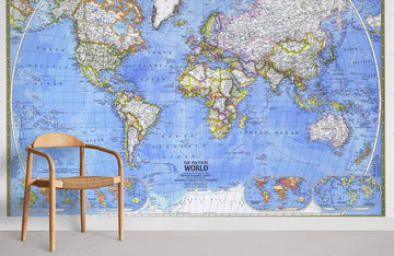 Vintage Ocean Blue World Map Wall Mural