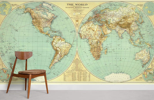 Vintage Green World Map Mural Wallpaper