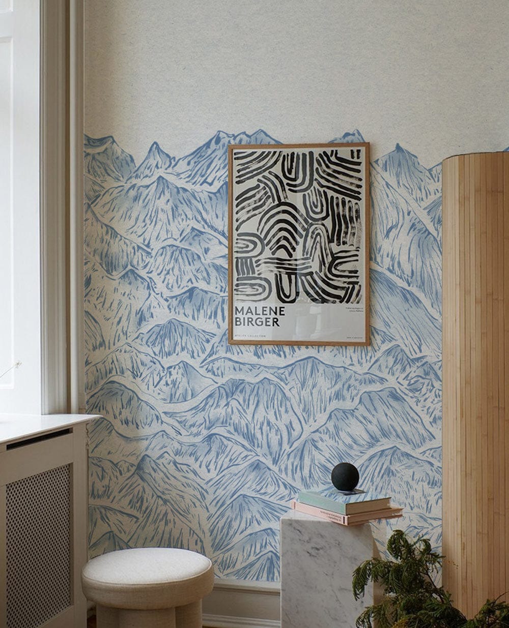 wallpaper depicting the peaks of the mountains in a pencil sketch for the hallway