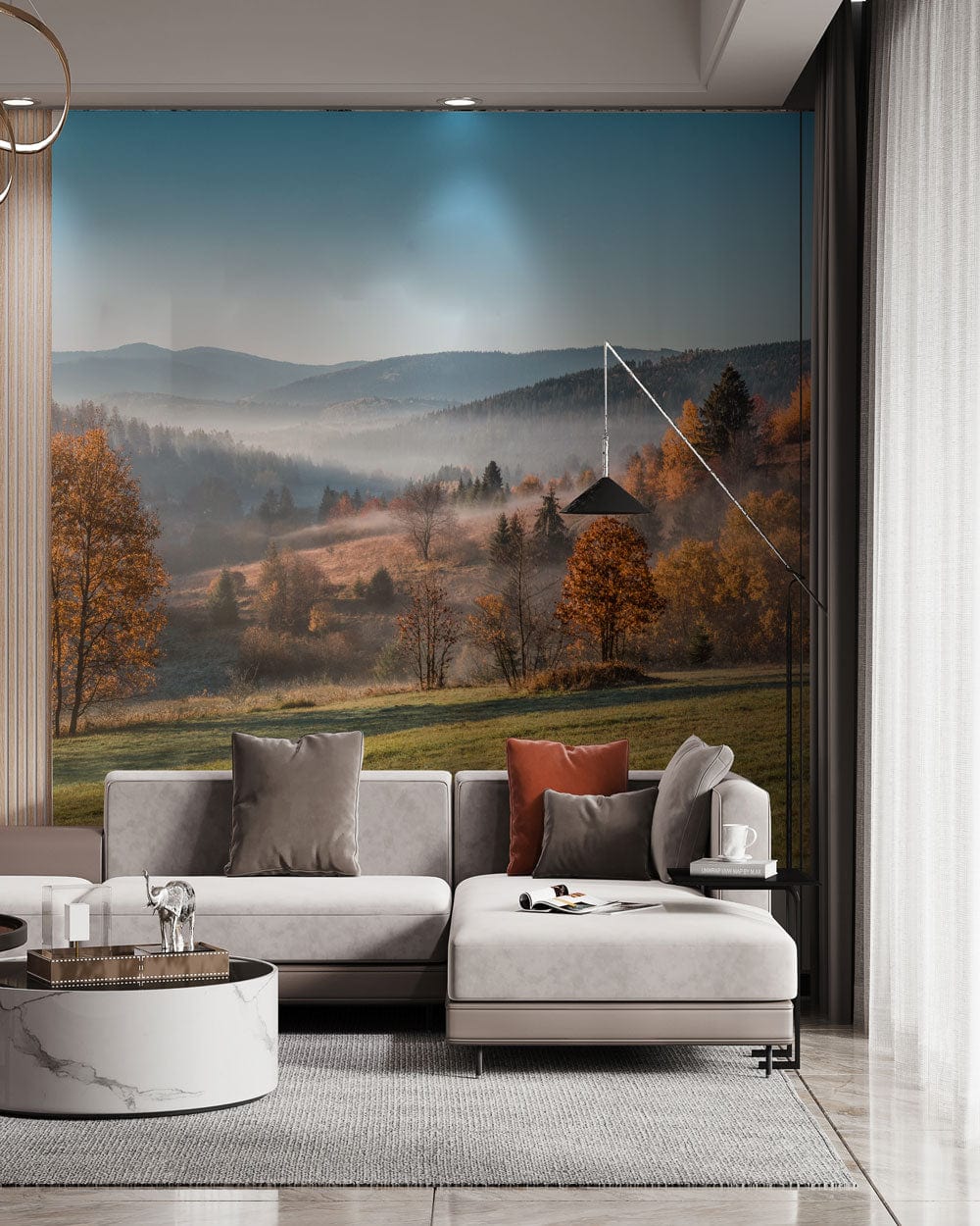 This thick fog mountain wall mural will look great in your living room
