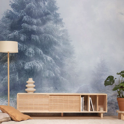 The corridor is decorated with a mural of a dense, misty winter landscape