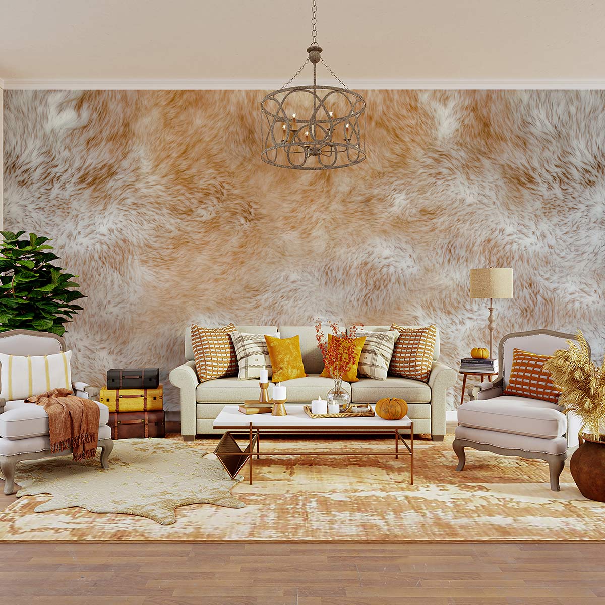 wallpaper mural with thick orange animal fur that may be used for decorating the living room.