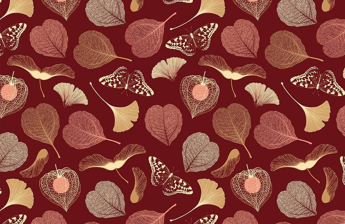 Red Botanical Butterfly Leaf Mural Wallpaper