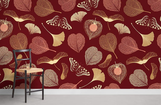 Red Botanical Butterfly Leaf Mural Wallpaper