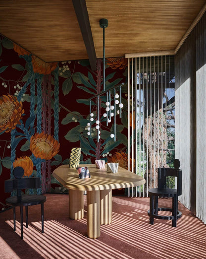 Bold Orange Floral Art Mural Wallpaper in dining room