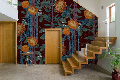 Bold Orange Floral Art Mural Wallpaper in entryway