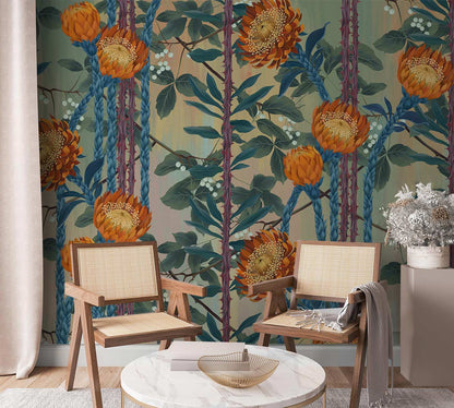 Botanical Orange Flower Stripe Mural Wallpaper in living room