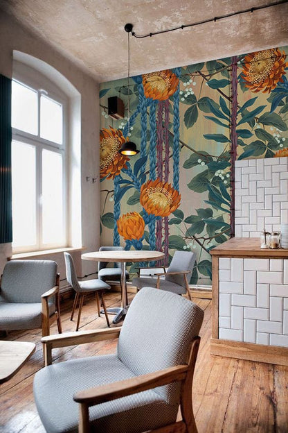 Botanical Orange Flower Stripe Mural Wallpaper in dining area
