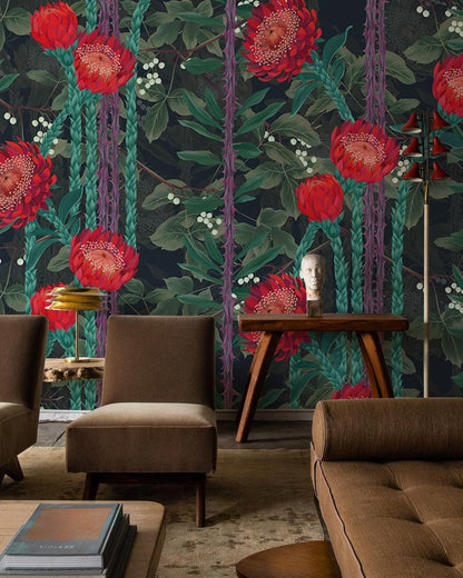 Emerald Botanical Red Floral Mural Wallpaper in living room