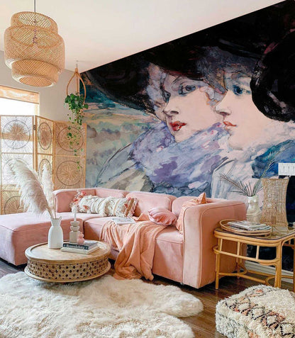 Elegant Vintage Watercolor Portrait Mural Wallpaper in living room