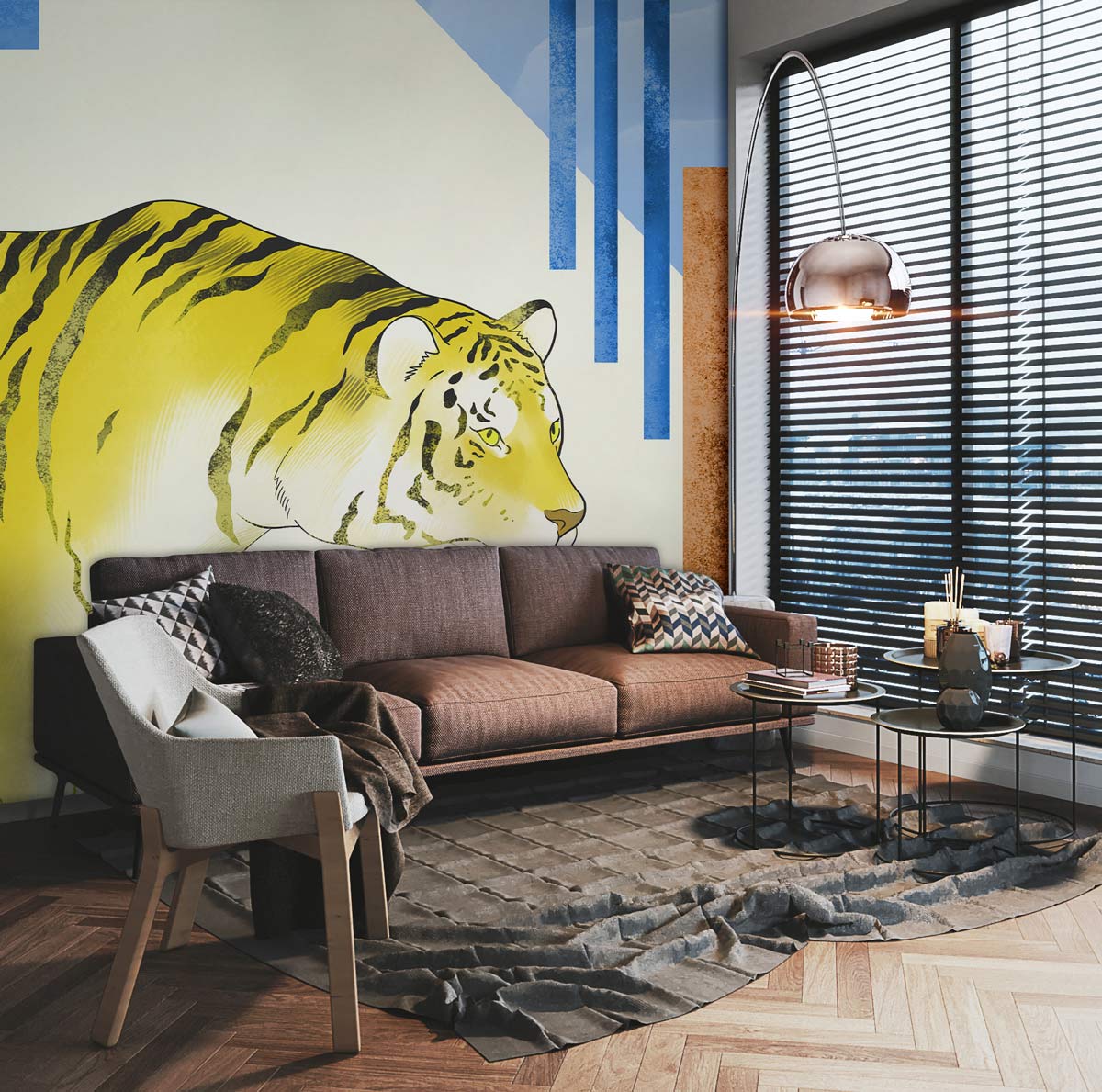 Tiger Animal Wallpaper Mural Living for Use as Decorating Material in the Living Room