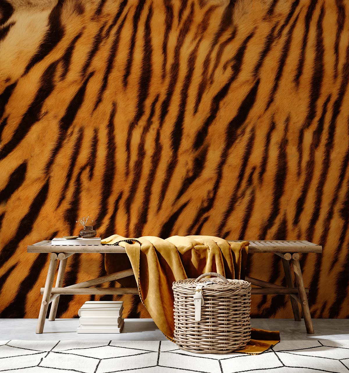 A wallpaper mural depicting wild animal fur was installed in the hallway.