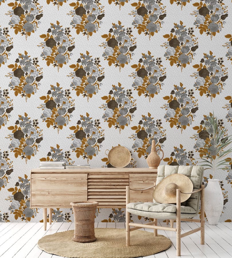 Wallpaper mural with tiny grey bouquets, perfect for use as room decor.