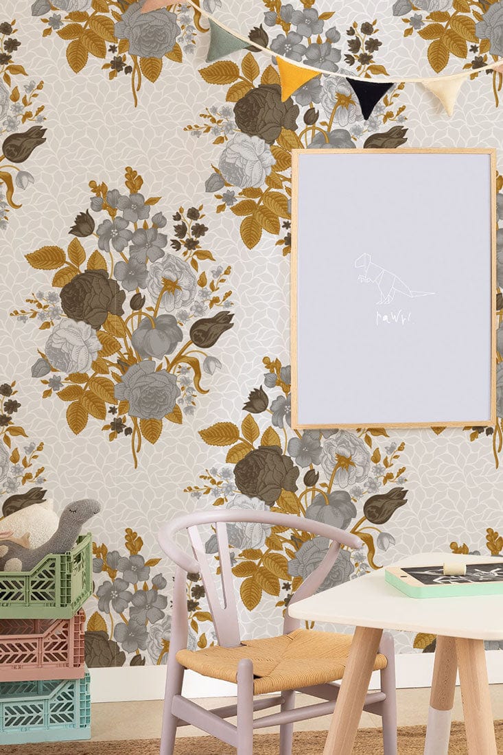 Wallpaper mural with little, grey bouquets for the nursery's decor.