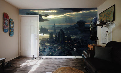 Futuristic Cityscape Metallic Mural Wallpaper in living room