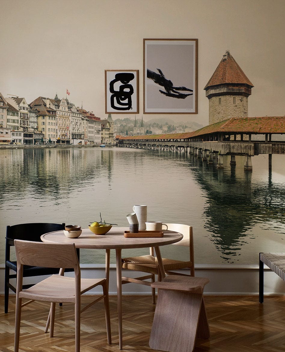 Wallpaper mural with a town on the water, perfect for decorating the dining room.
