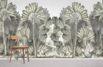 Room with a Vintage Wallpaper Mural Featuring a Tropical Forest