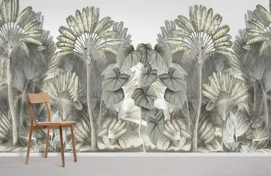 Room with a Vintage Wallpaper Mural Featuring a Tropical Forest