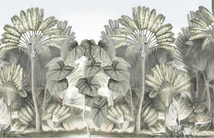 Mural room wallpaper featuring a vintage tropical forest scene