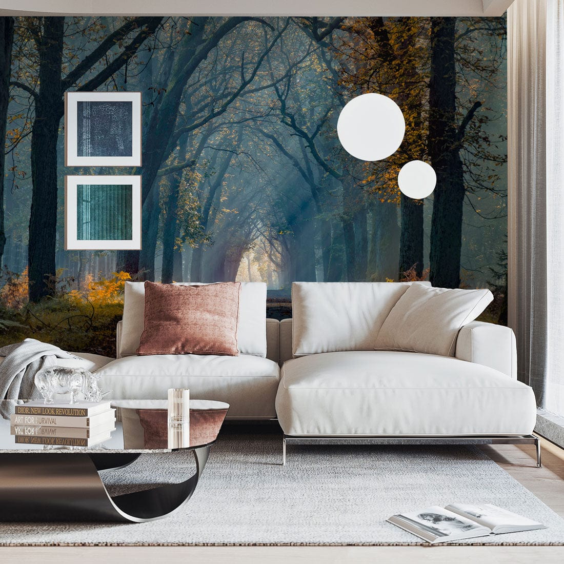 A forest walk mural is great for the living room