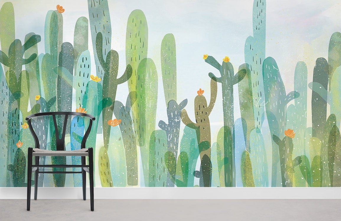 Serene Desert Cactus Watercolor Mural Wallpaper in .