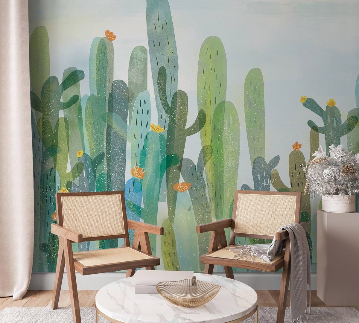 Serene Desert Cactus Watercolor Mural Wallpaper in living room