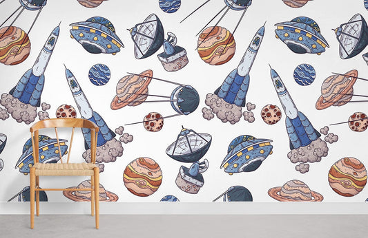 Colorful Space Adventure Kids Wallpaper Mural in playroom