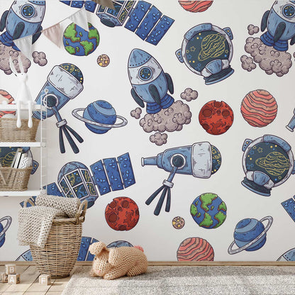 Colorful Space Adventure Kids Mural Wallpaper in playroom