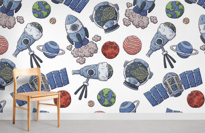 Colorful Space Adventure Kids Mural Wallpaper in playroom