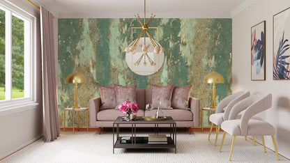 Rustic Teal Birch Tree Mural Wallpaper in living room