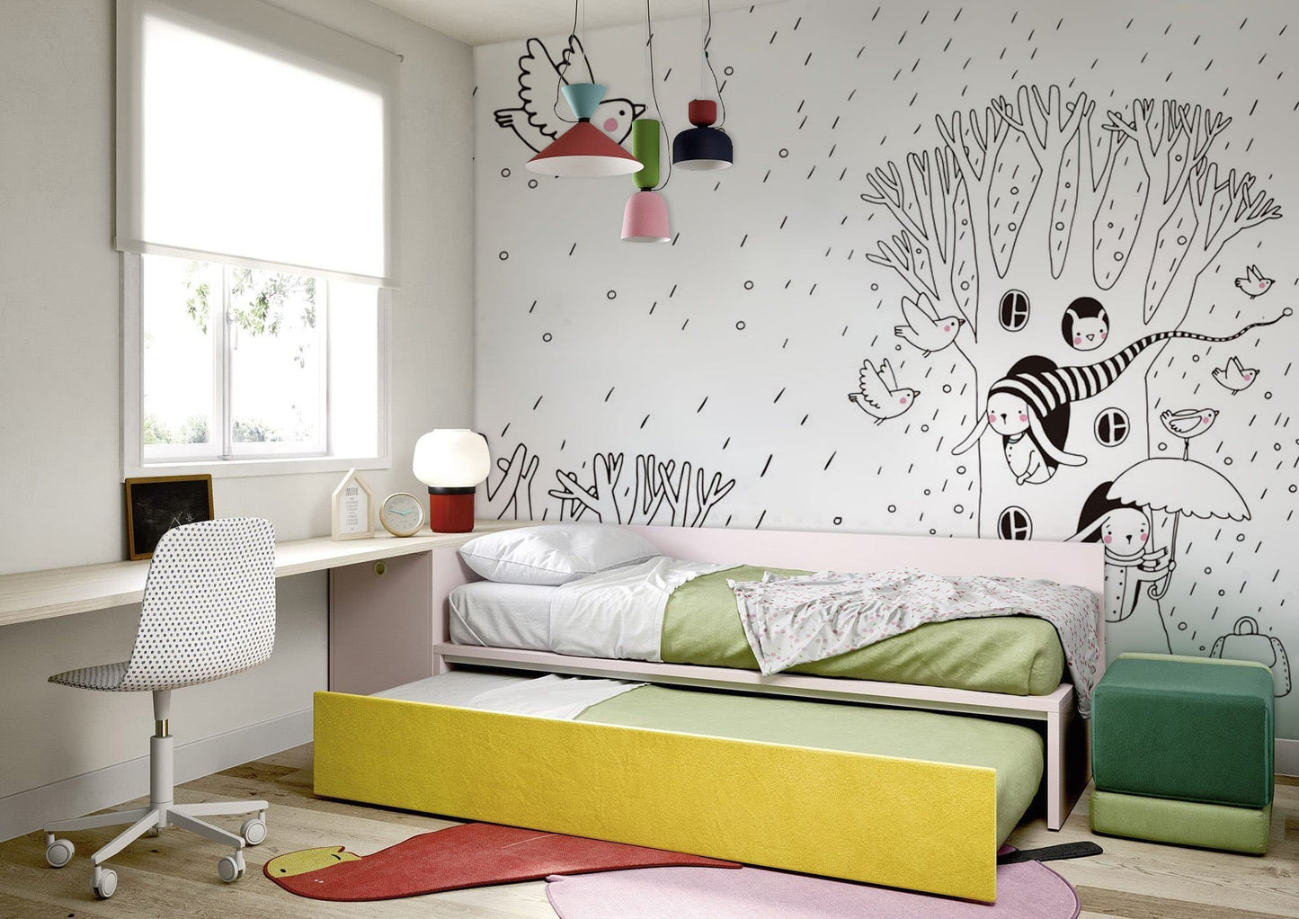 Birds on the Tree Cartoon Wall Mural Wallpaper for Use in Decorating Bedrooms