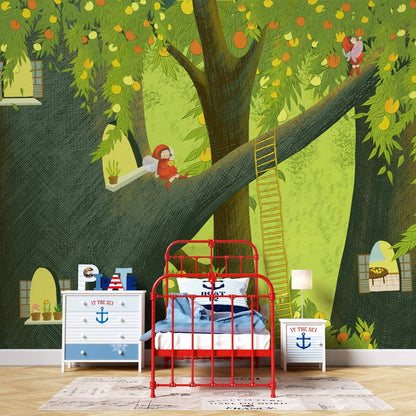 Enchanted Forest Fruit Tree Mural Wallpaper in bedroom