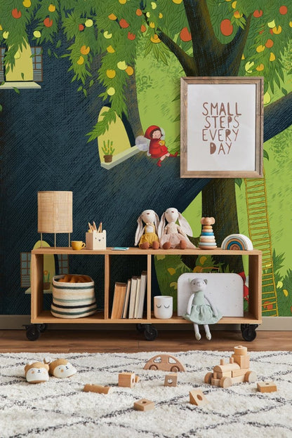 Enchanted Forest Fruit Tree Mural Wallpaper in children's room