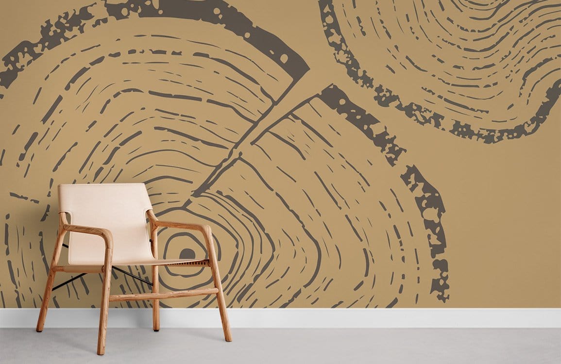 Mural wallpaper with a brown tree ring pattern in the room