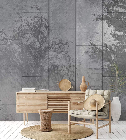 Modern Grey Tree Silhouette Mural Wallpaper in living room
