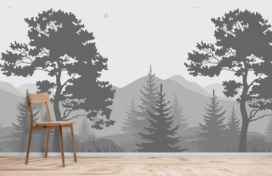 Wallpaper Mural with Cloudy Forest and Mountains for Home Decoration